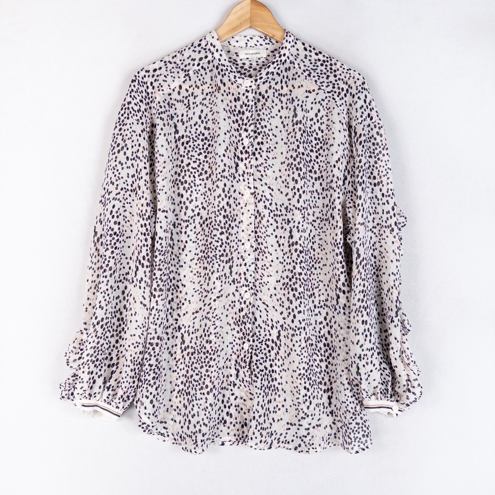 Max Studio Womens Blouse L White Black Orange Polka Dot Ruffles Feminine Office